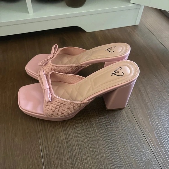 Heart Logo Pink Block Heel Mules - Women's Slip-On Sandals - Picture 2 of 2
